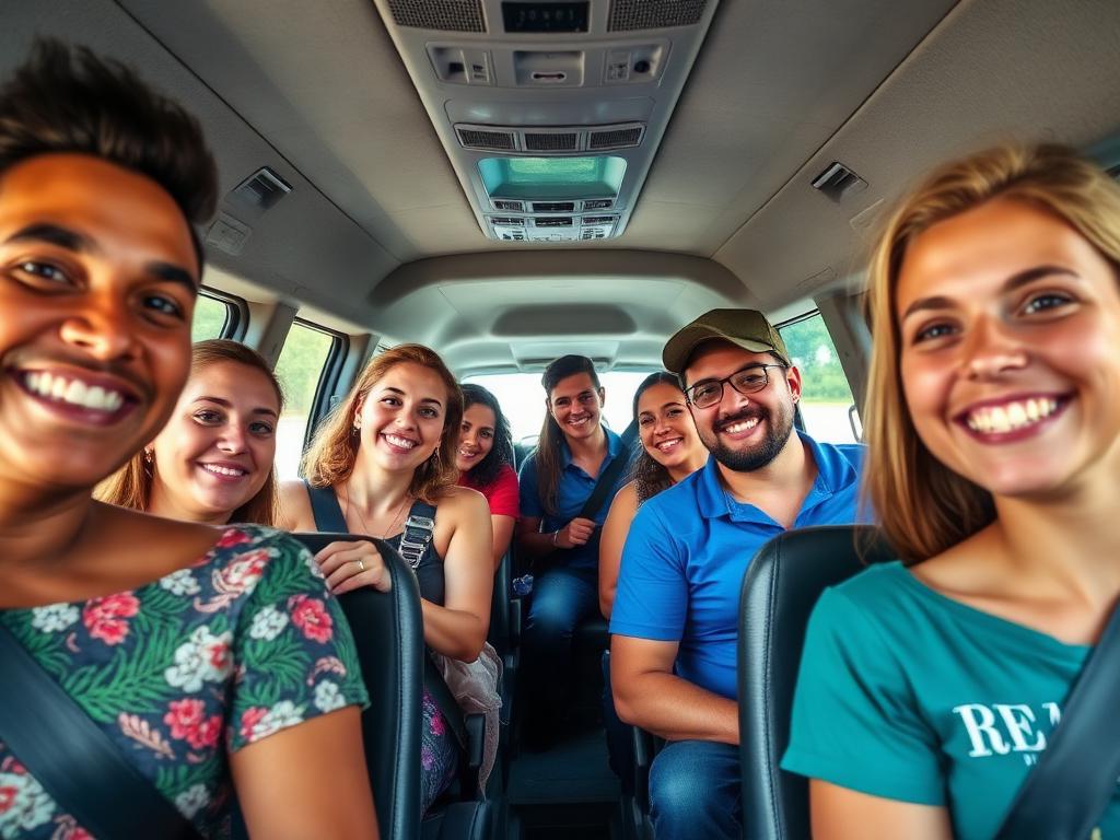 Passageiros satisfeitos dentro da van